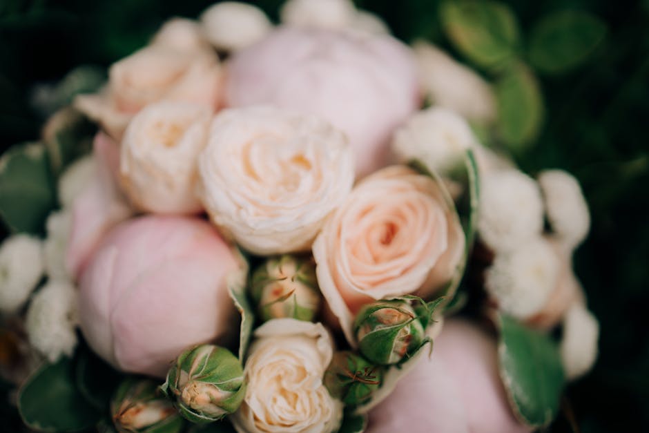 A close-up image of a floral arrangement featuring soft pink and cream roses, intricately layered with delicate petals exhibiting a velvety texture. Surrounding the roses are small white blossoms and 