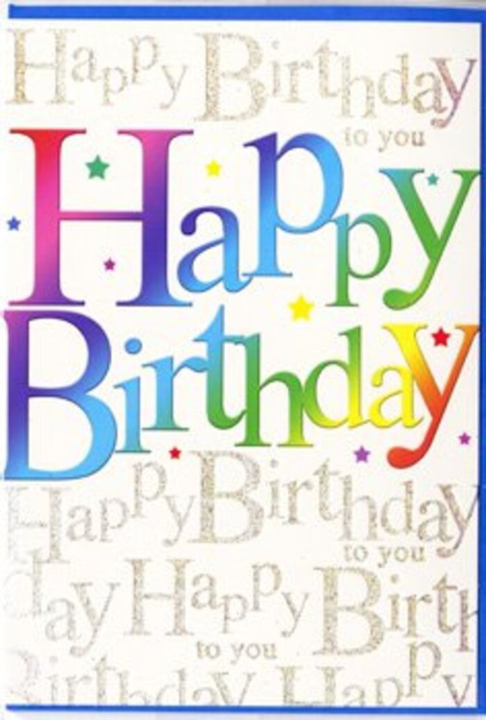 The photograph captures the front cover of a birthday card that radiates upbeat energy, as if echoing the hum of everyday life around SE20. Taking centre stage is the phrase Happy Birthday, spelled out in wide, rounded letters that sweep across the card with confidence. Each letter is bathed in a flowing rainbow gradient, starting with dense cherry and berry reds before drifting into rich violets and blues, then cooling into sea-green and emerald, and finally lightening into soft lemon and amber. The transitions between shades are seamless, so the words appear to glow gently rather than sit flat on the page. The surface of the print seems finely finished, likely with a satin or light gloss that would catch and reflect the light from different angles, giving the illusion of movement as you tilt the card. Behind this statement, the background presents a soothing cream or off-white tone, over which smaller, elegant gold script repeats the phrase Happy Birthday to you in looping, cursive lines. The gold is enhanced with delicate glitter, not in heavy clumps but in a fine dusting that provides a subtle shimmer, like sunlight bouncing off windows near Penge West station. The repeated wording creates a gentle visual rhythm, reinforcing the celebratory sentiment without competing with the main text. The overall design is clean yet richly layered, relying on colour harmony and typography rather than illustrations to convey joy. It feels like a carefully chosen card, the kind you might find among the curated greeting selections at a local florist in Penge, ready to accompany a bouquet and bring a burst of colour and warmth to someone's birthday table or mantle.