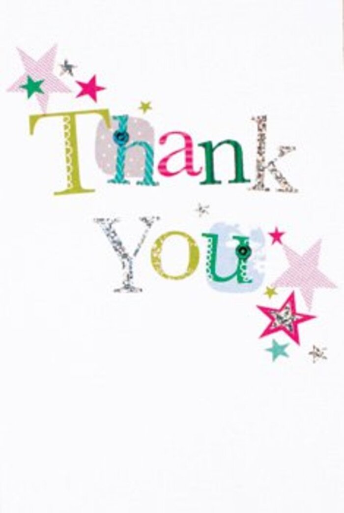 This thank you card presents a sophisticated yet warmly exuberant statement-much like the floral displays seen in Penge's family-run shops on Green Lane. Each gracefully arranged letter in 'Thank You' radiates its own flair: some playful with spotted patterns or whimsical curves, others shining in polished silver or styled with gentle, near-musical contours. Bright stars, streaked with sparkling pinks and deep turquoise, huddle near the message, as if bestowing extra luck and delight on the recipient. The crisp white background adds a sense of lightness and modern style, letting the colours and shimmering details pop in the way that a spring bouquet glows in natural light. This card feels universal-never too formal nor too informal-making it at home whether tucked beside an elegant arrangement from Flowers Penge or slipped into a surprise delivery for a neighbour on Royston Road. Each element evokes a lasting impression of genuine appreciation: an artful, uplifting keepsake to accompany flowers for any heartfelt occasion.