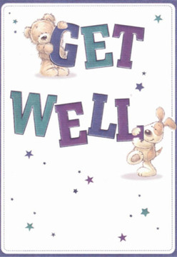 As if gathered from the cheerful lanes of Penge, this get well card delivers a heartfelt wish for comfort and speedy recovery with every brushstroke. Central to the scene, a cuddly cocoa-hued bear balances contentedly atop the large purple 'GET', emitting warmth with its expressive eyes and soft, rounded form. Beneath, a spirited puppy-pale, gentle, and draped in plush fur-leans its friendly snout against the robust teal 'WELL', conjuring the welcome of a faithful companion after a stroll through Penge Recreation Ground. Scattered across the soft white background, shimmering starbursts in blue and violet provide a sprinkle of hope, reminiscent of the lively community gatherings near the Penge West station. The lettering, confident and ebullient, leaps from the page, mirroring the enthusiasm of well-wishes delivered from Flowers Penge. Every visual detail-texture, colour, and placement-carries the same thoughtful intent as an expertly hand-tied bouquet offered to uplift spirits nearby. The illustration weaves together innocence and sincerity, much as neighbours in Penge offer support in times of need, making this card an ideal companion for a beautiful arrangement destined to bring light and reassurance.