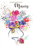 This Mother's Day card illustration offers a joyful, painterly bouquet in watercolour, as though someone in Penge had captured the feeling of gifting flowers in one expressive moment. Dominant blooms in bright cerise, rich magenta, and rosy pink are painted with generous, sweeping strokes, their rounded petals lightly defined by swirling indigo outlines that suggest form without strict detail. Between these focal flowers, softer washes of lilac, cool blue, and apricot blend into one another, while bright green touches hint at leafy stems and smaller supporting blossoms. Glimmering strands of gold trace select petals and foliage, adding a refined, metallic shimmer that suggests special-occasion wrapping or the golden light of a spring afternoon on Penge's residential streets. All this colour converges into a simple, pale vase at the base of the artwork, rendered with soft, translucent layers and finished with an elegant golden bow tied neatly at the neck, evoking the satisfying final flourish of ribbon on a hand-tied bouquet. Around the main arrangement, the artist has left plenty of breathing space, punctuated by playful splashes of colour, tiny heart motifs, and scattered dots that resemble stray petals and droplets on a busy florist's bench near Penge station. The composition feels both relaxed and intentional, like a heartfelt message composed slowly but painted in a rush of feeling. It becomes a tender, colourful tribute to mothers-ideal to accompany fresh, locally arranged flowers delivered for Mother's Day across Penge and the neighbouring communities.