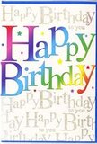 This image shows a joyful birthday card whose design feels as bright and friendly as a wander through Penge on a clear afternoon. Across the front, the words Happy Birthday are written in large, softly curved letters, each one flowing seamlessly into the next. The letters are filled with a lush rainbow gradient, beginning with deep crimson and ripe raspberry tones, sliding into purples and blues like early evening sky, then cooling into teal and grassy green, and ending in cheerful yellows and warm, glowing gold. The blended colours give the impression of a smooth, almost velvety finish, with just enough sheen to suggest a quality print that catches ambient light. Behind this vibrant greeting, the background stays calm and understated: a pale cream or ivory canvas covered in repeating lines of delicate gold script that read Happy Birthday to you. The script forms a continuous pattern, each loop and curve glinting with fine, integrated glitter that sparkles subtly, reminiscent of distant lights along Penge High Street at night. The sparkle is gentle, more of a quiet shimmer than an overwhelming glitter, creating depth and texture while keeping the focus firmly on the main rainbow greeting. No other imagery distracts from the typography; instead, the card relies on colour, lettering, and light to express its festive mood. The overall effect is one of polished cheerfulness-both modern and a touch nostalgic-ideal for pairing with fresh blooms from a local Penge florist when you want your birthday message to feel vivid, heartfelt, and worth keeping long after the celebrations have ended.