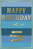 The image shows a stylish birthday card designed in soothing blue stripes and radiant gold, capturing a mood of gentle celebration that feels right at home in Penge's quieter streets. The backdrop is composed of broad, horizontal bands of blue laid from top to bottom, each stripe a distinct shade that shifts gradually from deep navy through mid-blue and teal to pale sky blue. This progression of tones suggests depth and tranquillity, drawing the eye inward. Centered on this layered background, the words HAPPY BIRTHDAY appear in large, embossed gold capital letters. The typography is simple and confident, and the gold surface reflects light softly, giving the greeting a composed yet festive glow. Directly beneath the main text, an elegant golden flourish stretches across the width of the card, its curving lines reminiscent of classic invitation scrollwork. Below the flourish are three slim gold banners arranged in a neat stack. Each ribbon carries part of a warm, friendly wish: Relax, have a great day and enjoy! Together, they form a calm and reassuring message that invites the recipient to savour their birthday rather than rush through it. A narrow gold border traces the very edge of the card, framing the design with a discreet touch of refinement. The interplay between the smooth, matte blues and the slightly raised, metallic gold embossing gives the card a tactile richness you can almost sense through the image. Placed beside a bouquet of fresh blooms delivered locally, this card would lend a birthday table in Penge a composed, heartfelt atmosphere, quietly celebrating the person at the centre of the day.